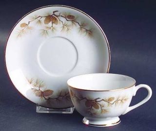 Three Castle Pine Crest Footed Cup & Saucer Set, Fine China Dinnerware   Brown P