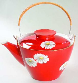 Noritake N14 Teapot & Lid, Fine China Dinnerware   All Red With White Flowers,Go