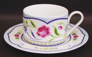 Coventry (PTS) Genevieve Flat Cup & Saucer Set, Fine China Dinnerware   Blue Edg