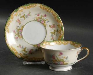 Noritake Ashby Footed Cup & Saucer Set, Fine China Dinnerware   Green Border, Fl