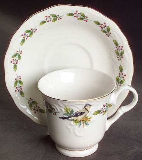 Gibson Designs Songbirds (Gold Trim &Holly) Footed Cup & Saucer Set, Fine China