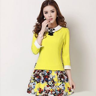 Loongzy Womens Korean 3/4 Sleeve Lace Chiffon Bodycon Yellow Dress