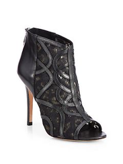 Rebecca Minkoff Moss Leather & Lace Open Toe Ankle Boots   Black