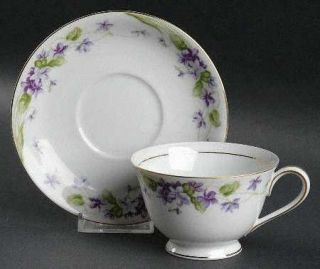 Noritake Nancy Footed Cup & Saucer Set, Fine China Dinnerware   Violets, Green L