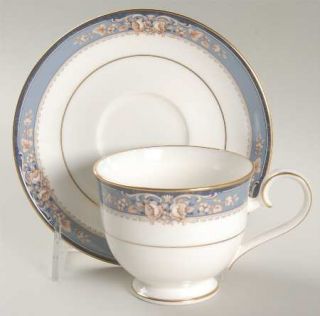 Noritake Lamelle Footed Cup & Saucer Set, Fine China Dinnerware   Bone,Blue Band