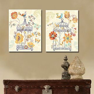 Stretched Canvas Art Animal Bird and Cage Set of 2