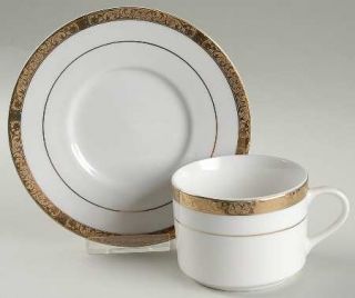 Sango Empress Gold Flat Cup & Saucer Set, Fine China Dinnerware   Gold Etched Ba