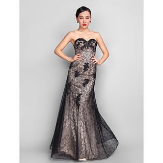 A line Sweetheart Floor length Stretch Satin And Lace Evening Dress (889754)