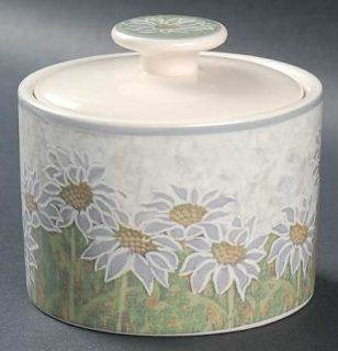 Sango Daisy Hill Sugar Bowl & Lid, Fine China Dinnerware   Green Border, Daisies