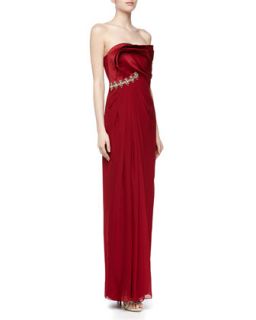 Crystal Trimmed Draped Silk Gown, Crimson