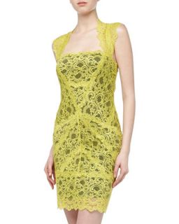 Illusion Lace Stretch Knit Dress, Chartreuse