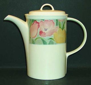 Mikasa Cezanne Coffee Pot & Lid, Fine China Dinnerware   Intaglio Line, Pink,Yel