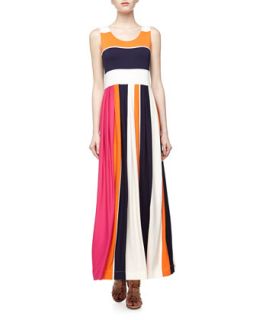 Colorblock Striped Jersey Maxi Dress, Navy/Orange/Cream/Pink