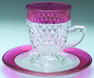 Indiana Glass Diamond Point Ruby Cup and Saucer Set   Clear W/Ruby Band,Heavy Pr