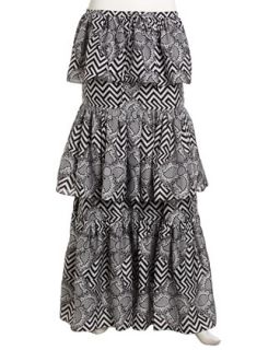 Mixed Print Tiered Chiffon Maxi Skirt, Black/Ivory