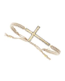 CZ Cross Silk Cord Bracelet, Beige