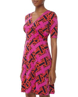 Weave Print Mock Wrap Dress, Fuchsia/Orange