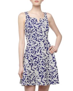Rose Print Jacquard Fit and Flare Dress, Blue/White