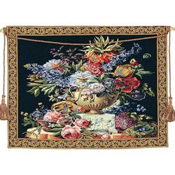 Floral Vase On Pedestal European Classic Tapestry Wall Hanging (Black, multi Pattern: FloralLined: Lined with heavy weight poly/cotton with rod pocketDimensions: 38 inches high x 48 inches wide  )