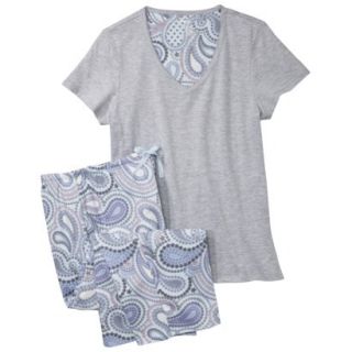Womens Top/Capri Pajama Set   Grey/Blue Paisley L