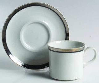 Mikasa Sterling Flat Cup & Saucer Set, Fine China Dinnerware   White,Platinum&Bl