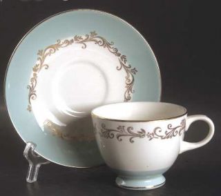 Lifetime Gold Crown Footed Cup & Saucer Set, Fine China Dinnerware   Aqua Border
