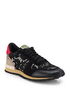 Valentino Leather & Lace Sneakers   Black