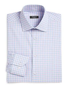 Saks Fifth Avenue Collection Windowpane Check Cotton Dress Shirt   Pink Blue