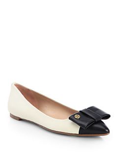 Tory Burch Aimee Bicolor Leather Bow Point Toe Flats   Ivory Black